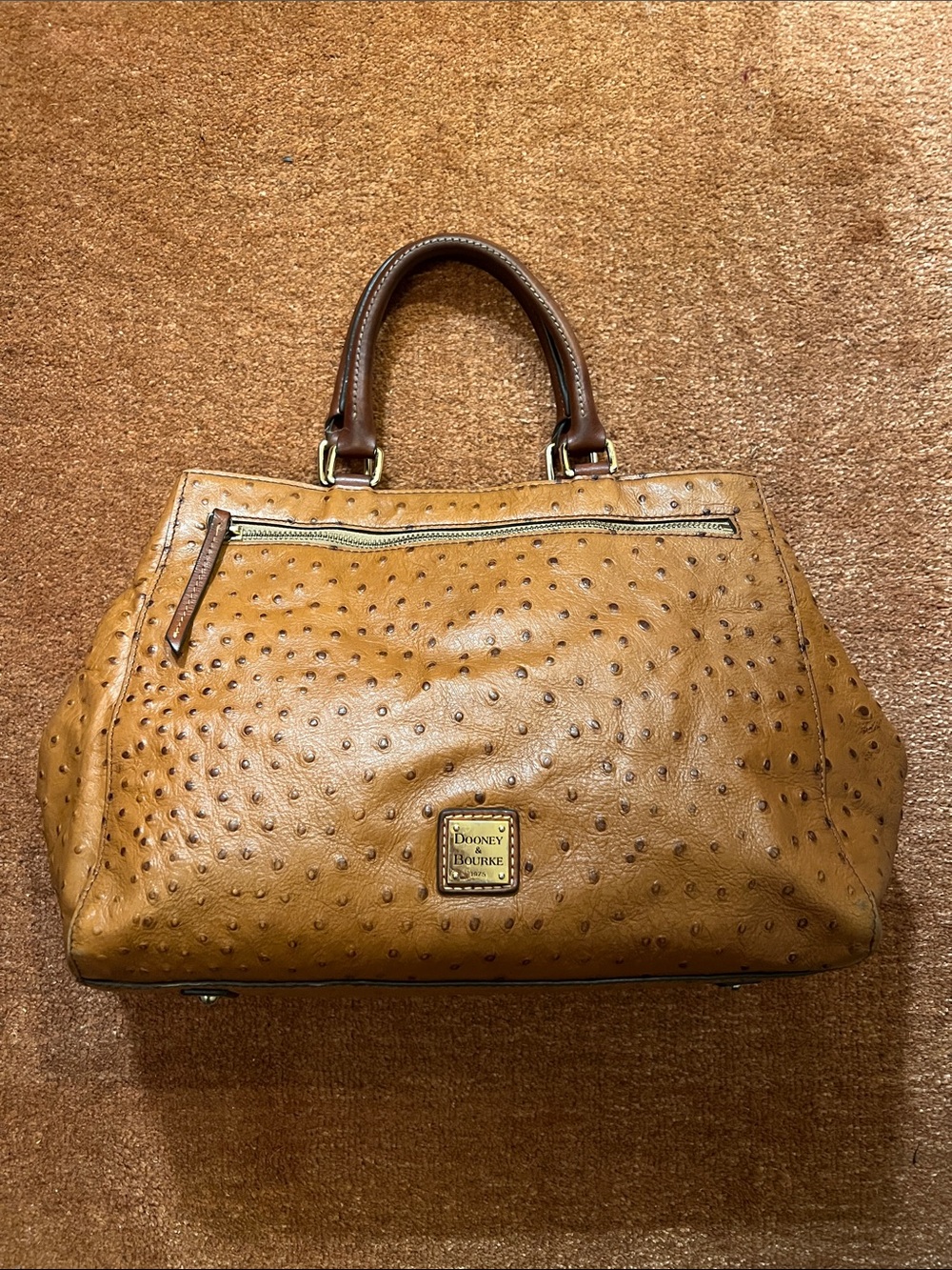 Dooney & Bourke Tan/Brown Ostrich-Embossed Zip Satchel